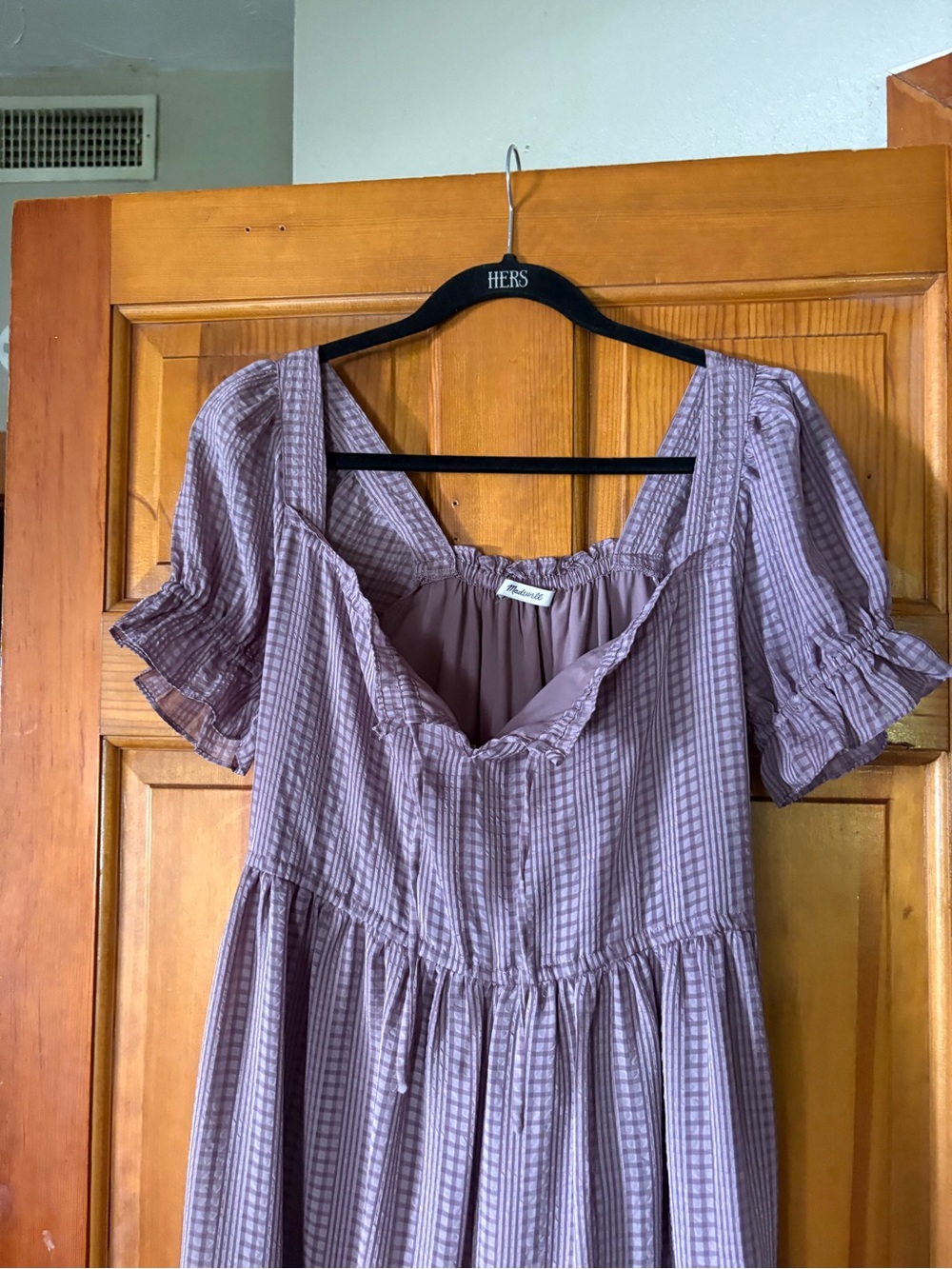 Madewell Mauve Gingham Ruffle Midi Dress